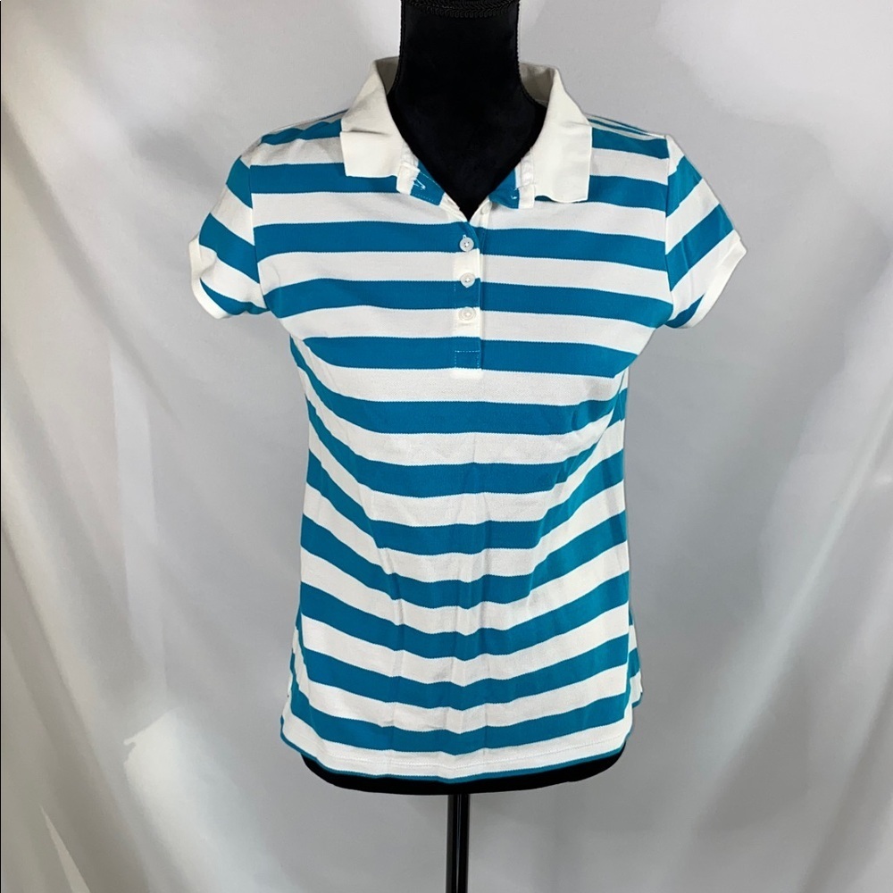 Vintage Liz Claiborne Teal White Striped Polo Shirt Medium M